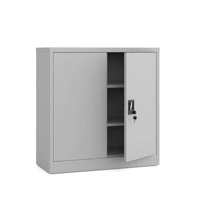 Szafka metalowa niska dwudrzwiowa jasno szara 90x90x40cm z półkami na dokumenty i segregatory