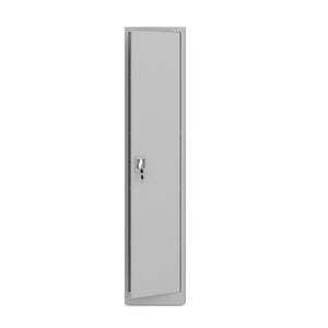 Szafa metalowa wąska jasno szara 185×40×45cm z półkami na dokumenty i segregatory z zamkiem